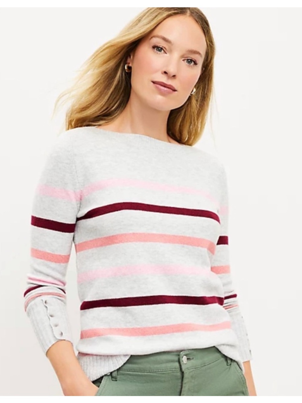 Loft Striped Boatneck Tunic Sweater Gray Striped Crewneck Pink Burgundy NWT XS